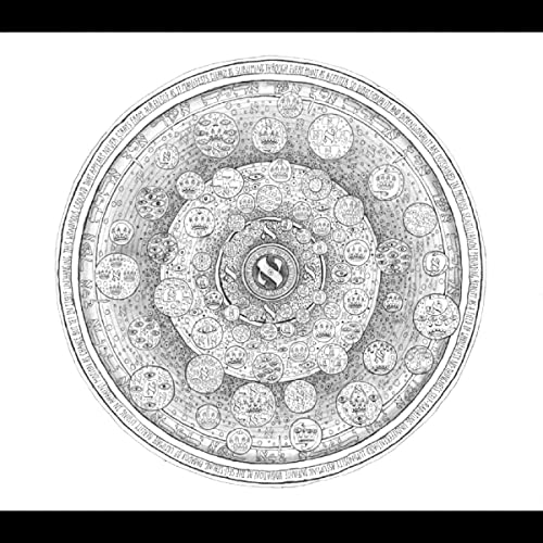 Black and white circular album art with intricate, layered symbols.