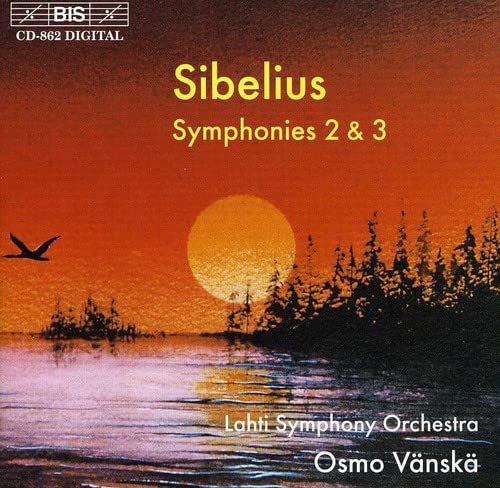 CD cover: Sibelius symphonies with sunset landscape and bird silhouette.