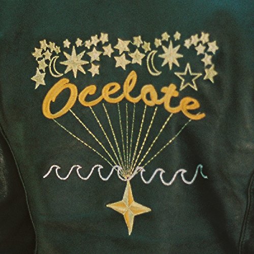 Dark green jacket back with gold embroidered stars and the word "Ocelote".