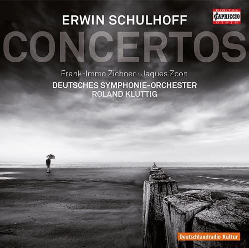 CD cover for Schulhoff concertos featuring a beach scene and text.