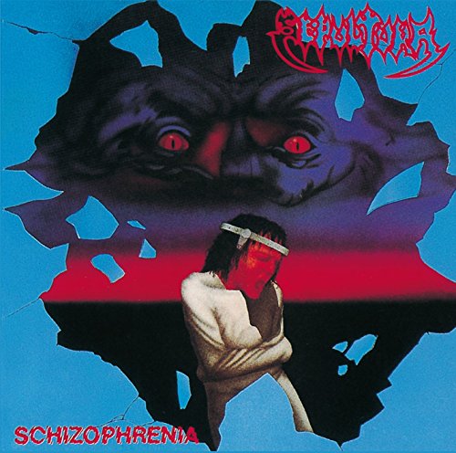 Sepultura’s “Schizophrenia” album cover: distorted face, figure, and red text.