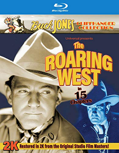 Blu-ray cover for "The Roaring West" featuring a cowboy and film reel.