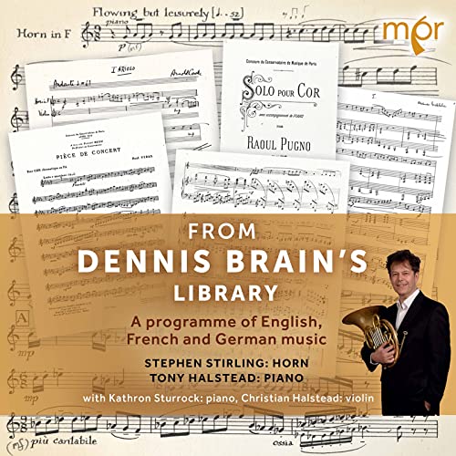CD cover with sheet music, a horn player, and text details.