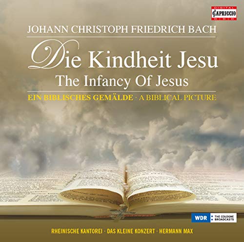 CD cover for Johann Christoph Friedrich Bach’s “Die Kindheit Jesu” with open book.