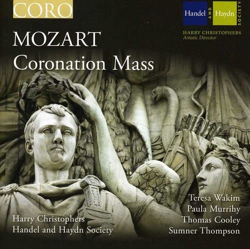 CD cover for Mozart’s Coronation Mass, featuring classical sculpture details.