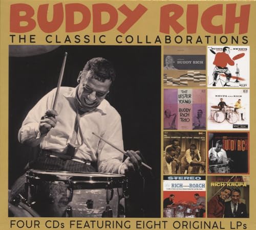 Buddy Rich drumming, album cover with smaller album art collages.