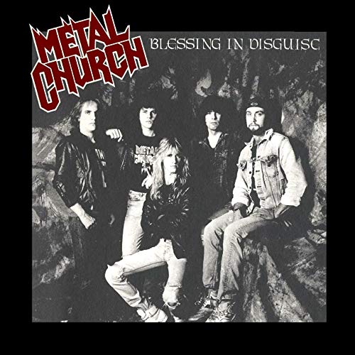 Black and white band photo of five men with the Metal Church logo above.
