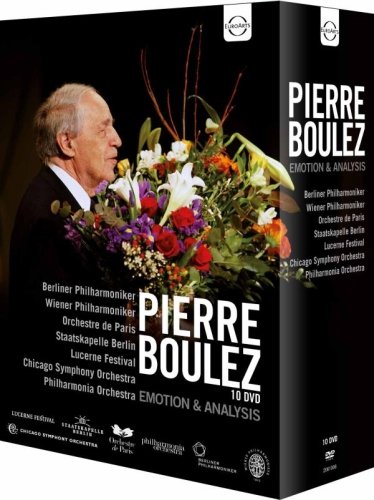 DVD cover featuring composer Pierre Boulez with flowers and orchestra names.