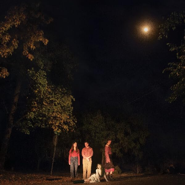 Four people stand and sit outdoors at night under a full moon.