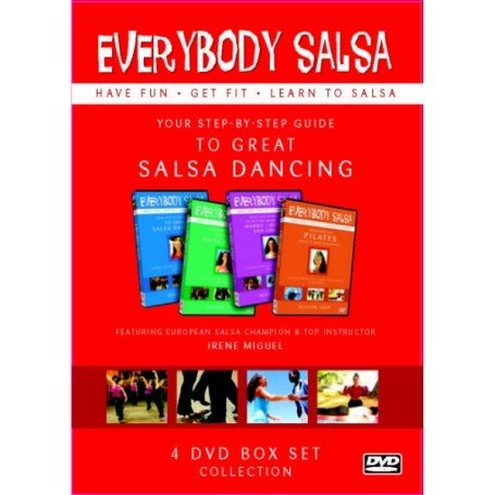 Red "Everybody Salsa!" DVD boxset with four salsa lesson discs pictured.
