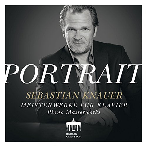 Black and white portrait of pianist Sebastien Knauer, album cover.