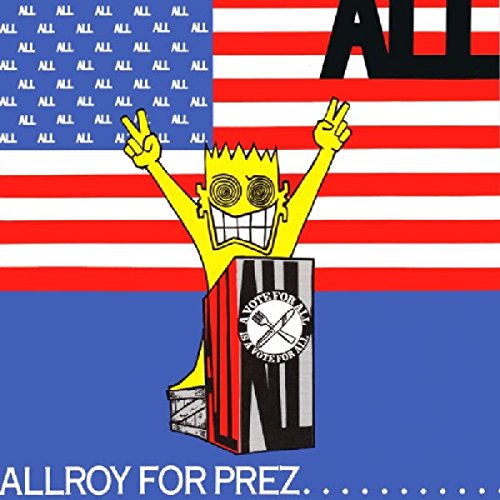 Yellow cartoon character with peace signs before an American flag backdrop.