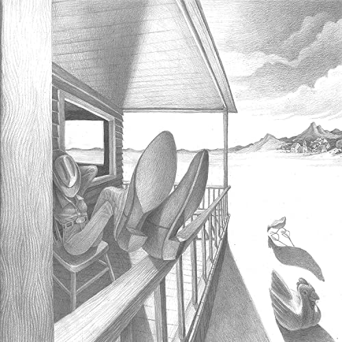 Pencil drawing of a person with boots resting on a porch railing.