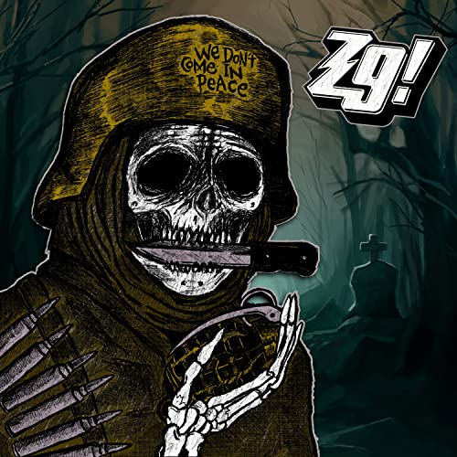 Skeleton in military helmet holding a grenade and knife.