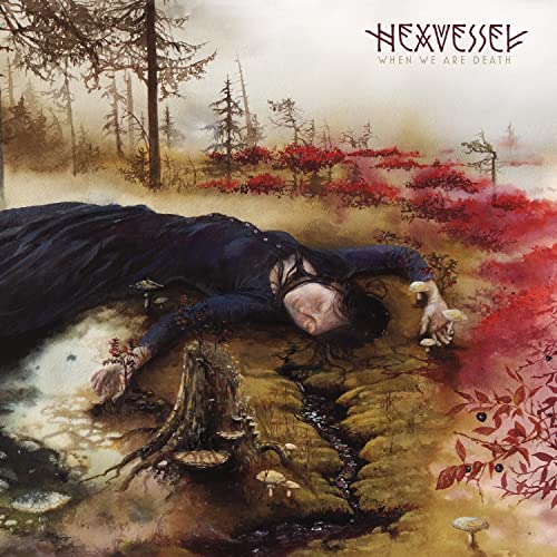 Album cover: person lying amongst mushrooms in a misty, red landscape.