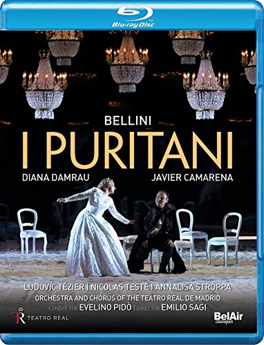 Blu-ray cover for Bellini’s *I Puritani* opera featuring singers Damrau and Camarena.