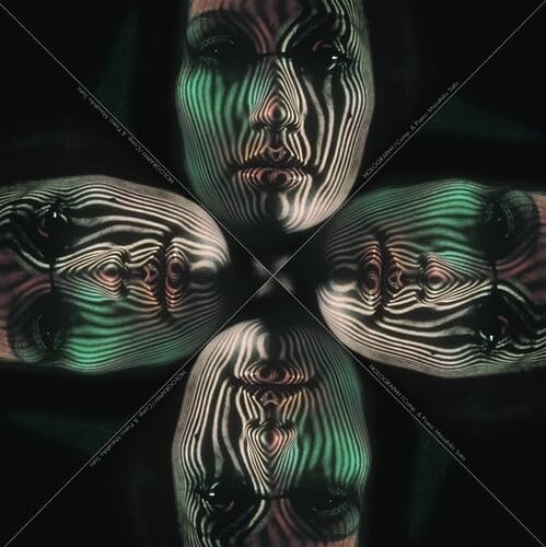 Four distorted faces with striped patterns against a dark background.