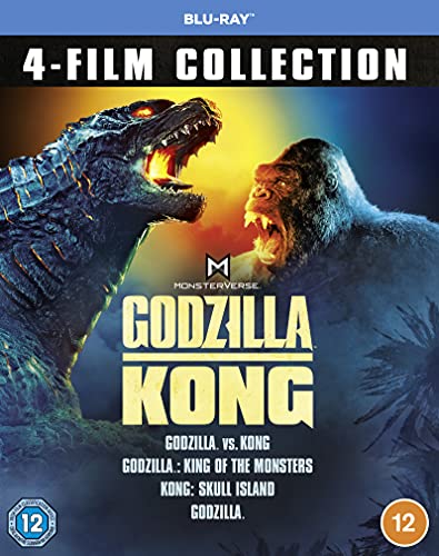 Godzilla and Kong roaring, Blu-ray cover for a four-film collection.