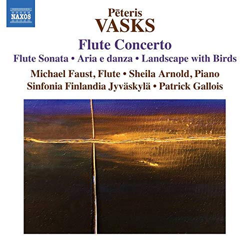 CD cover for Vasks’ Flute Concerto featuring abstract, textured blue artwork.