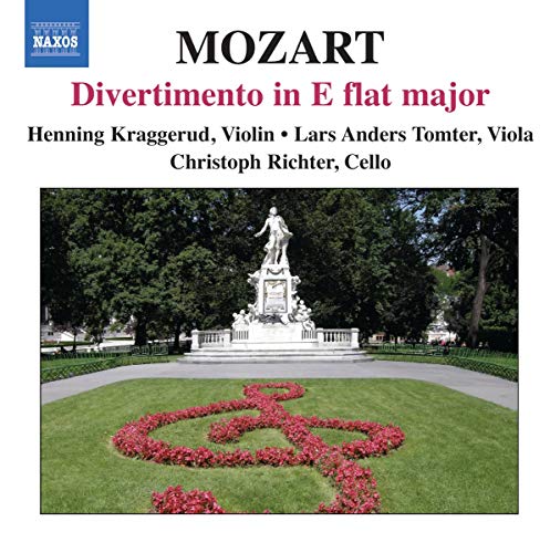 CD cover featuring Mozart’s “Divertimento” with a statue in a park.