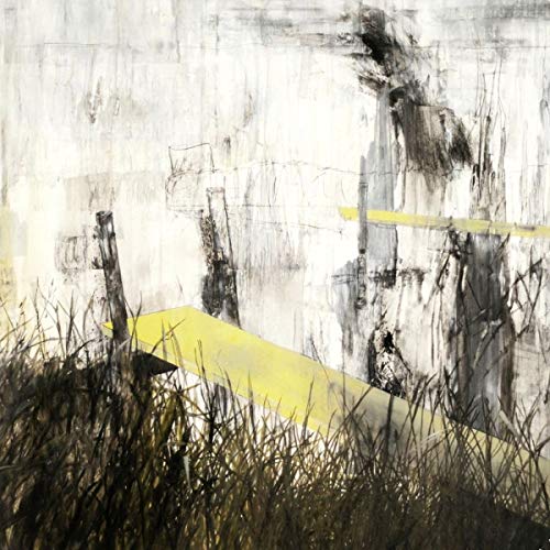 Abstract painting featuring a bright yellow plank extending over dark grass and grey background.
