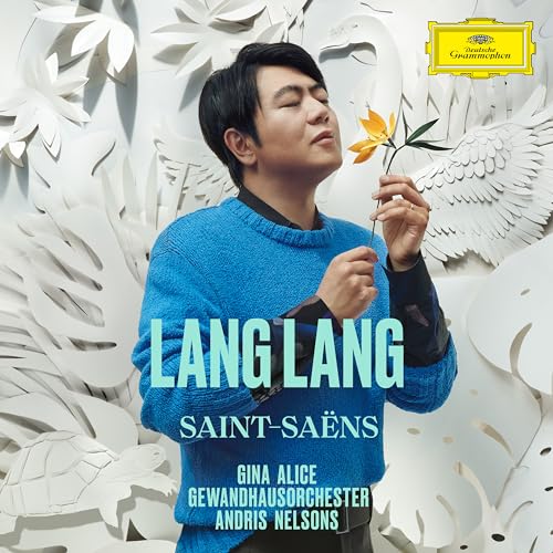 Lang Lang album cover for Saint-Saëns, featuring a pianist and flower.