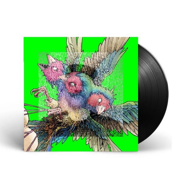 Colorful illustration of three Gouldian finches emerging from an eggshell, vinyl record.