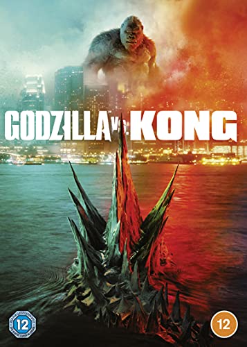 Godzilla and Kong facing off amidst a city and ocean landscape.