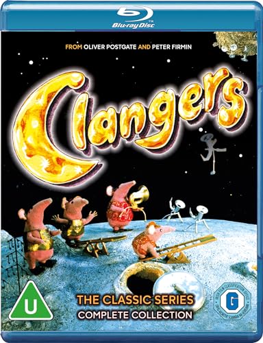 Blu-ray cover for "The Clangers" featuring claymation characters and a starry sky.