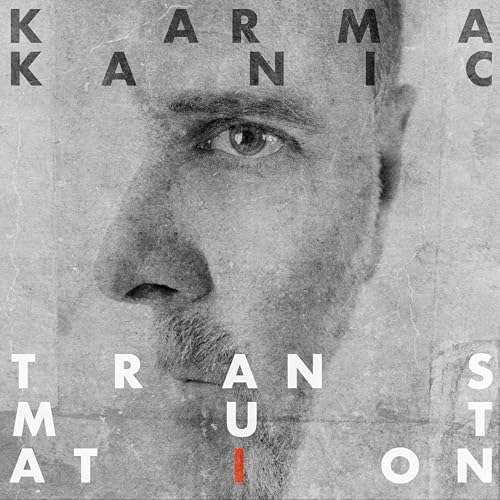 CD cover: grayscale portrait with text “Karmakanic - Transmutation”.