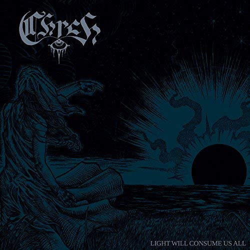 Dark album cover with stylized band logo, figure, and sunburst design.