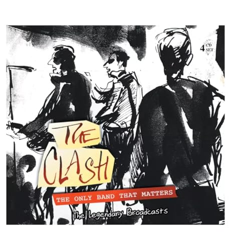 Black and white sketch of The Clash band members with text overlay.