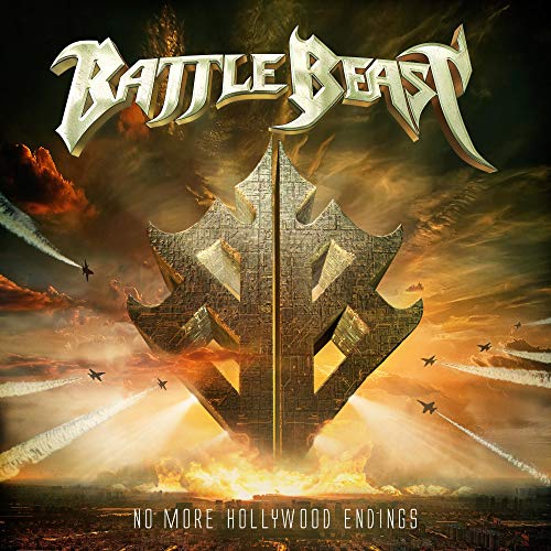 Battle Beast album cover with a stone tower and fiery cityscape.