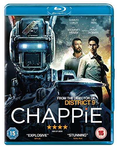 Chappie" Blu-ray cover featuring a robot, and actors Dev Patel and Sigourney Weaver.
