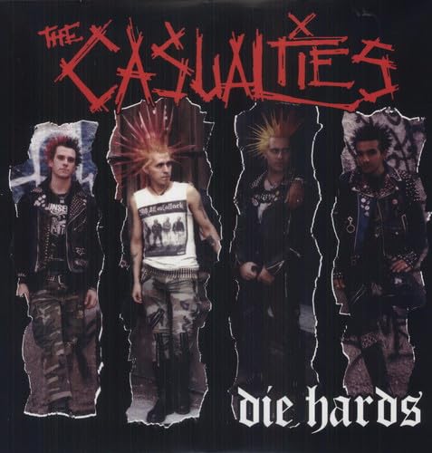 Four punks with mohawks stand against a dark, textured background.
