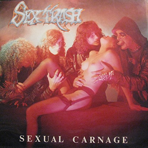 Album cover for "Sexual Carnage" by Sextrash, featuring three figures.