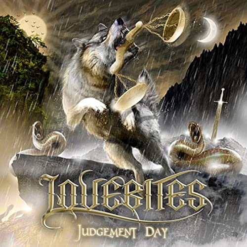 Album cover: wolf with scales and chains, mountains, and text "Lovebites Judgement Day.