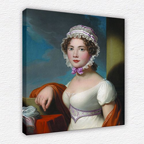 Portrait of a woman in a white dress and lace cap on canvas.