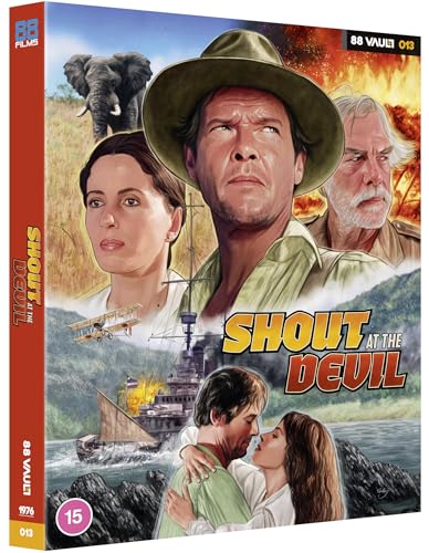 Blu-ray cover art featuring actors, an elephant, a ship, and a biplane in Africa.