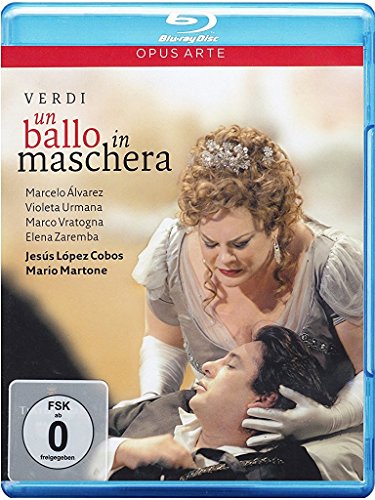 Blu-ray cover for Verdi’s “Un Ballo in Maschera” opera, woman and man.