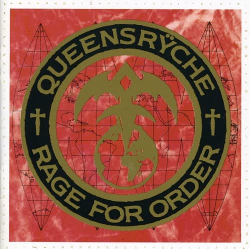 Red album cover with gold and black logo and geometric shapes.