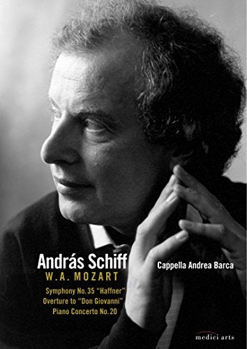 Black and white portrait of pianist András Schiff with text details.