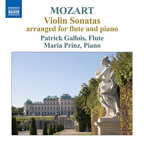 CD cover: Mozart violin sonatas arranged for flute and piano, statue.