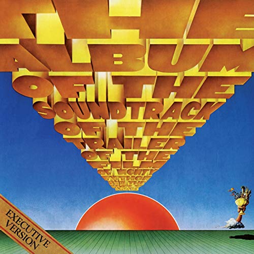 Album cover with orange geometric text over a blue and green landscape.