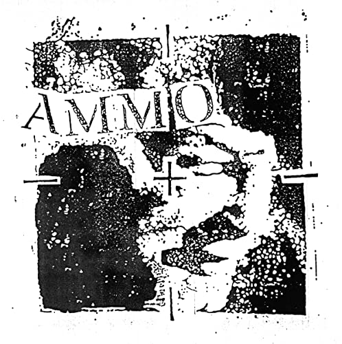 Black and white abstract image with the word "AMMO" and a face.