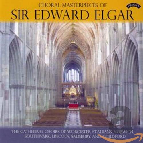 CD cover for Elgar’s choral masterpieces, featuring a cathedral interior.