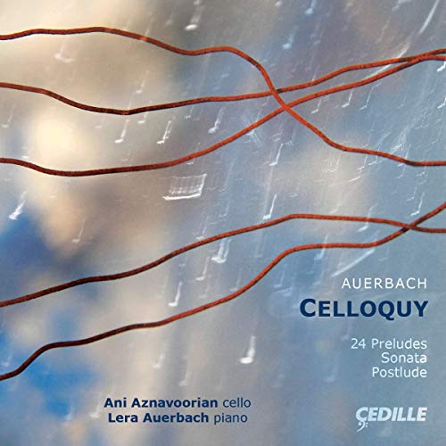 CD cover for "Celloquy" by Auerbach, featuring abstract red lines on blue.
