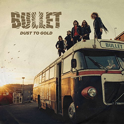 Band Bullet stands on a vintage bus against a sunset backdrop.
