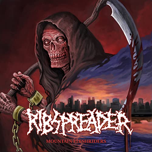 Grim reaper figure with scythe, city skyline, and band logo “Ripspreader.”