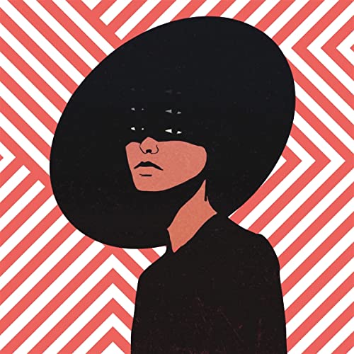 Illustration of a person with large afro and obscured eyes on a red background.